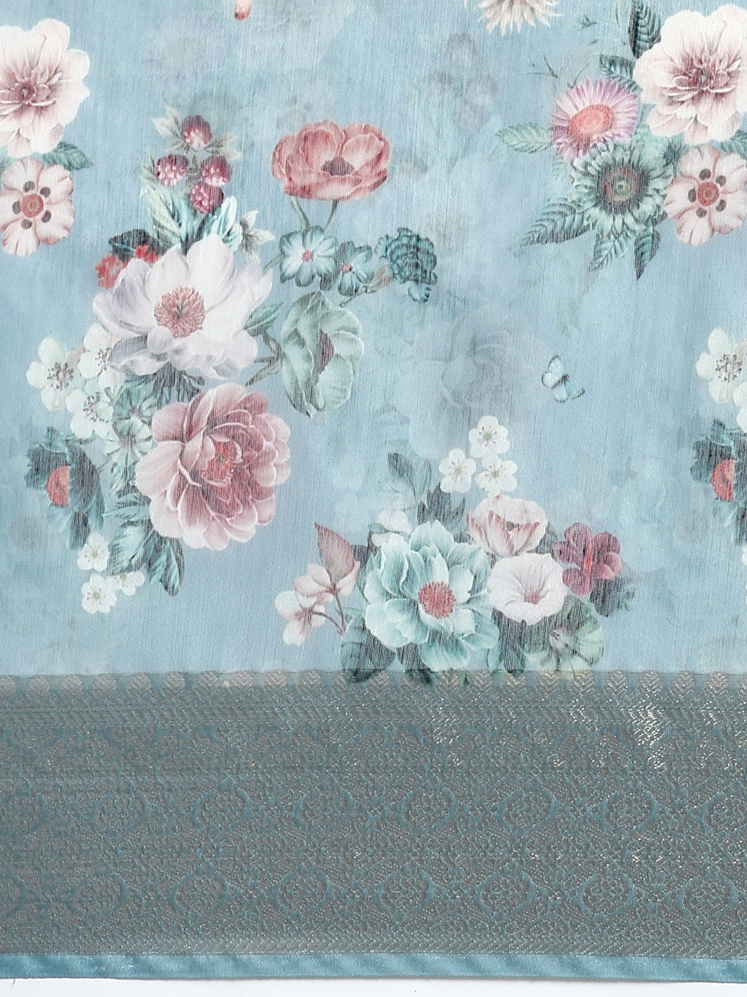 Digital Floral Printed Blue Colour Semi Linen Saree SL81-Zoom view