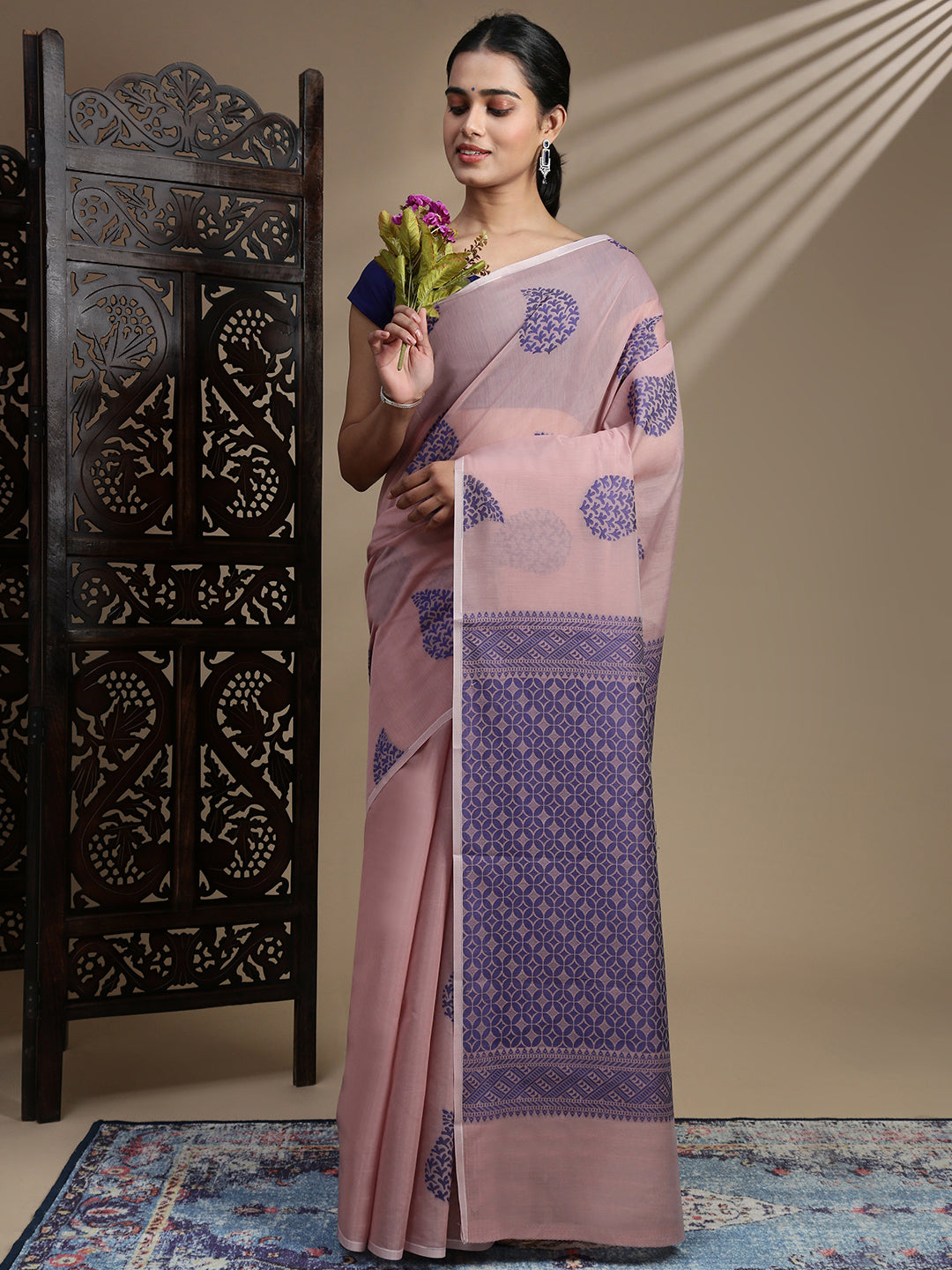 Women Kora Cotton Rose Pink Saree SK115