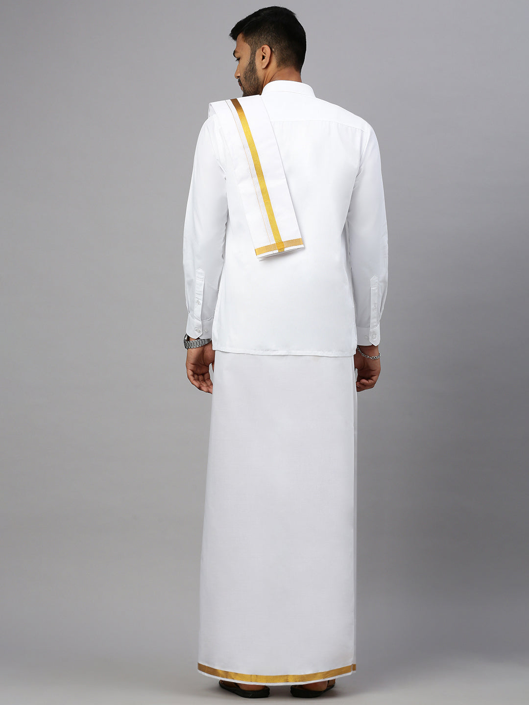 Premium White Full Sleeves Shirt with 3/4" Gold Jari Double Dhoti & Towel Combo