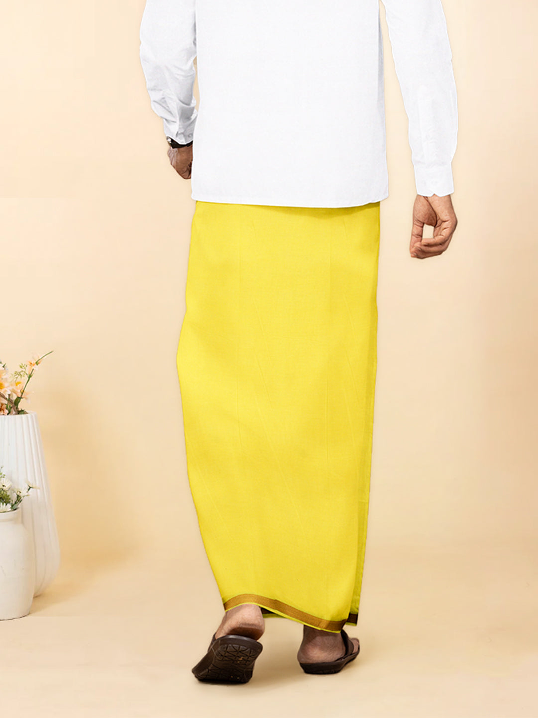 Men Premium Cotton Double Layer Yellow Dhoti & Towel Set with Gold Jari Border