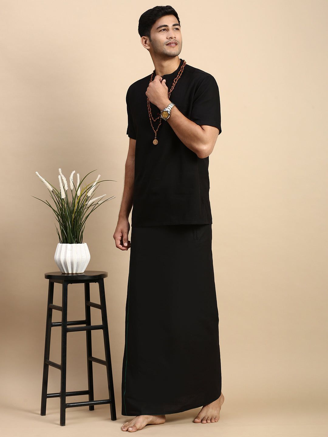 Men Devotional Small Border Dhoti & Kurta Set Black PB17