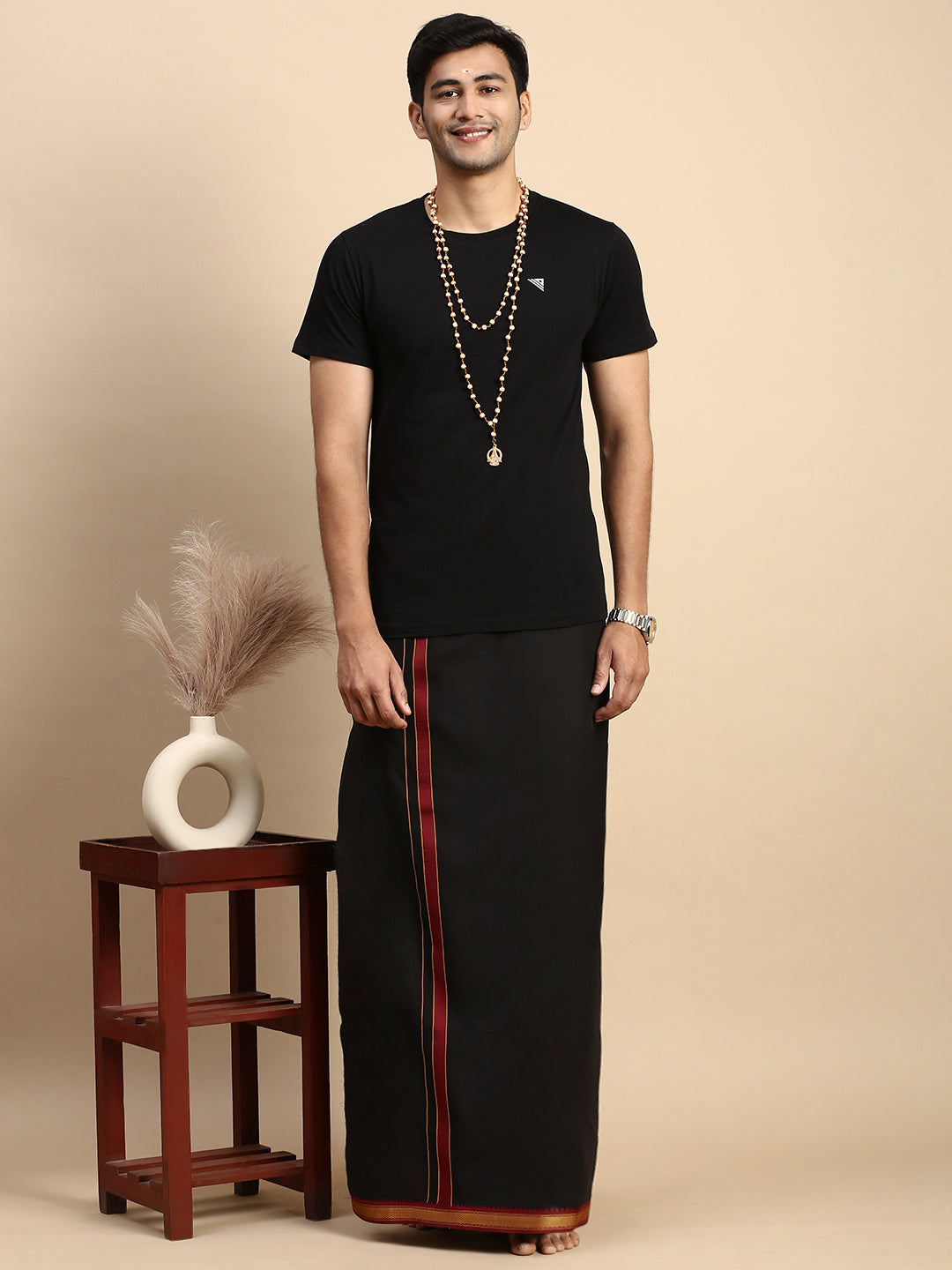 Men Devotional Mayilkhan Border Dhoti & TShirt Set Black ET14