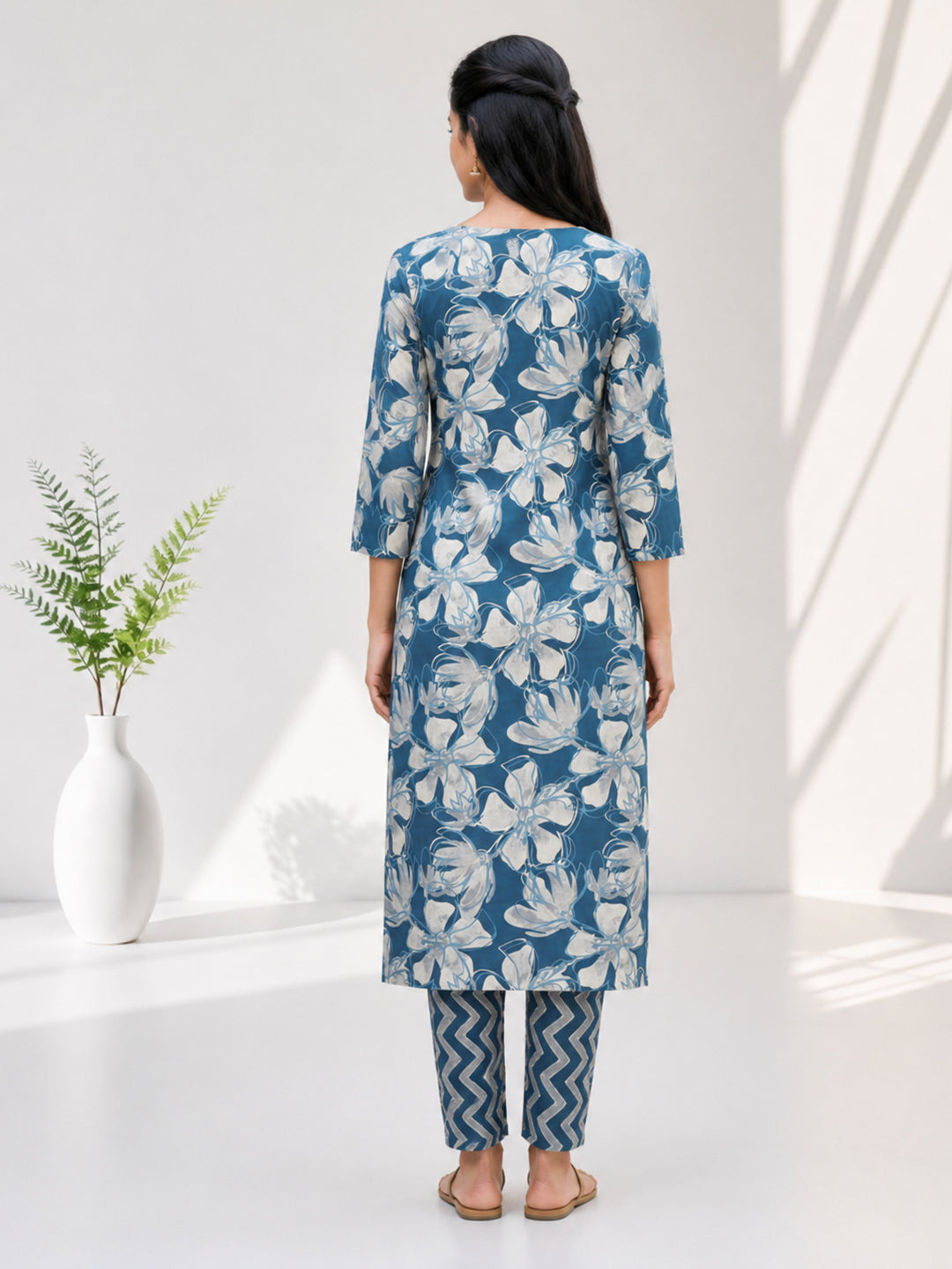 Women Cotton Rich Printed Blue Kurti Set EKS145