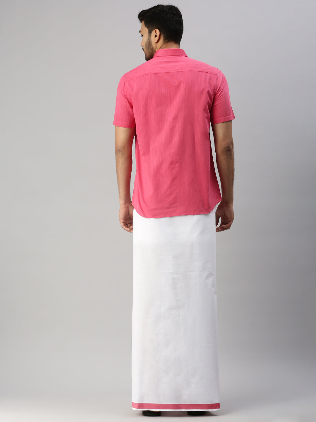 Mens Pink Matching Border Dhoti & Half Sleeves Shirt Set Evolution IC2-Back view