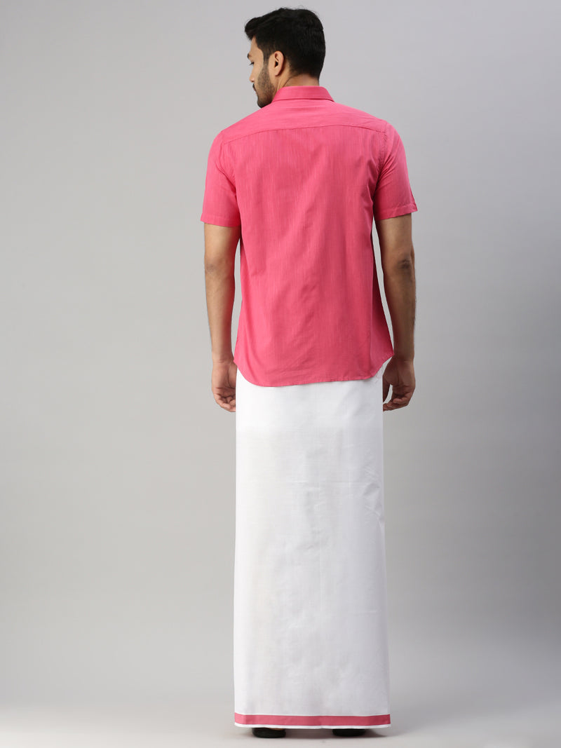 Mens Pink Matching Border Dhoti & Half Sleeves Shirt Set Evolution IC2