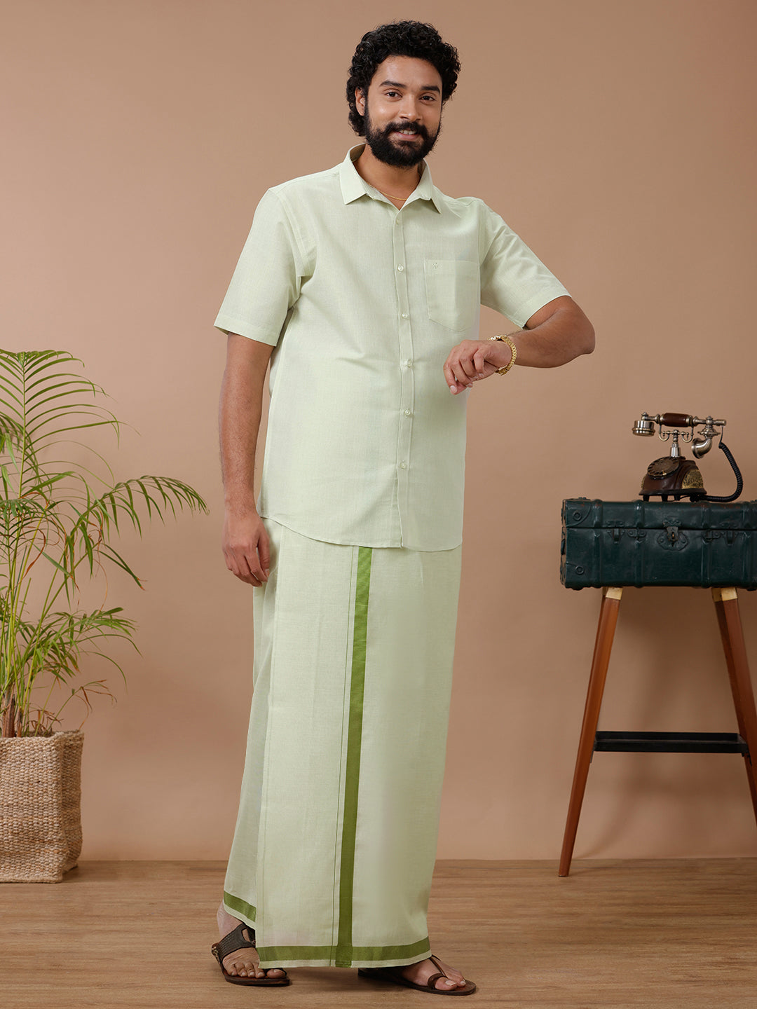 Couple Combo Shirt & Dhoti Set with Saree Green