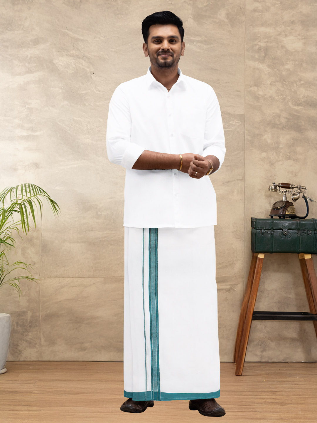 Men 100% Cotton Double Layer White Dhoti with Fancy Jari Border EJF14