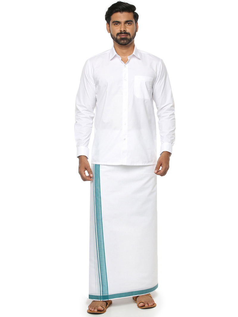 Mens Double Dhoti White with Plain Border Redfort Plain Green