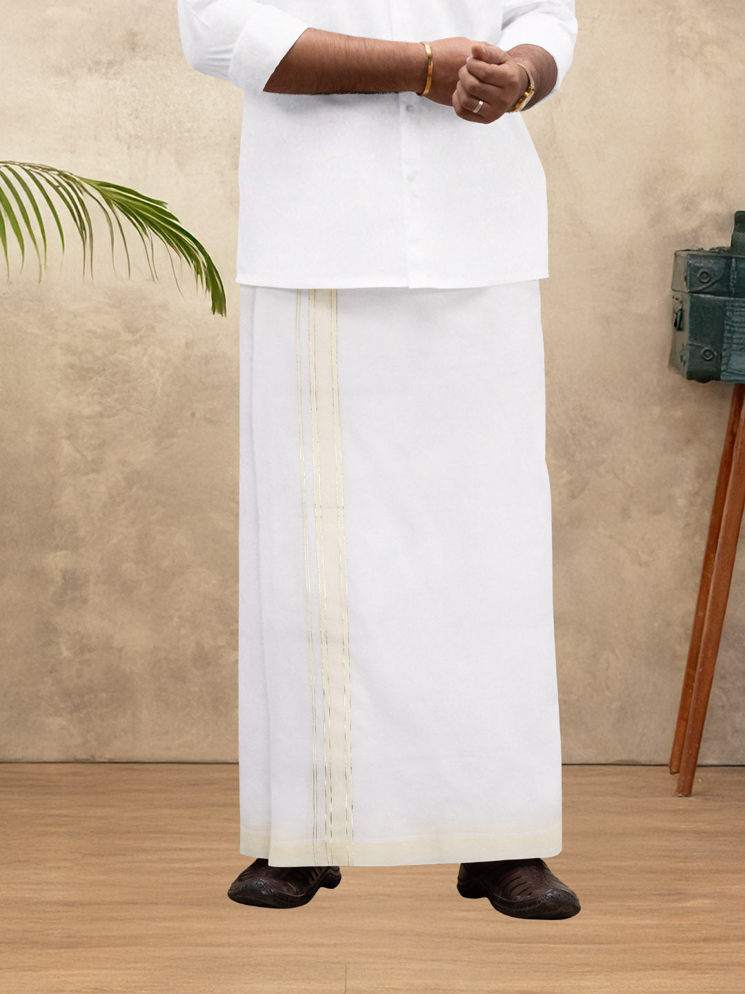 Men 100% Cotton Double Layer White Dhoti with Fancy Jari Border EJF16