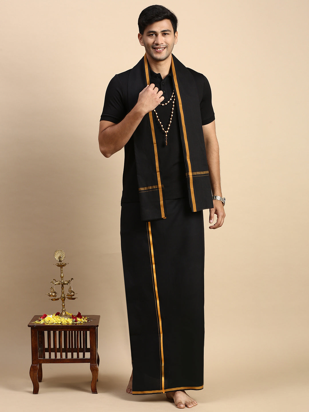 Men Devotional Big Border Dhoti with Towel & TShirt Set Black EPD14