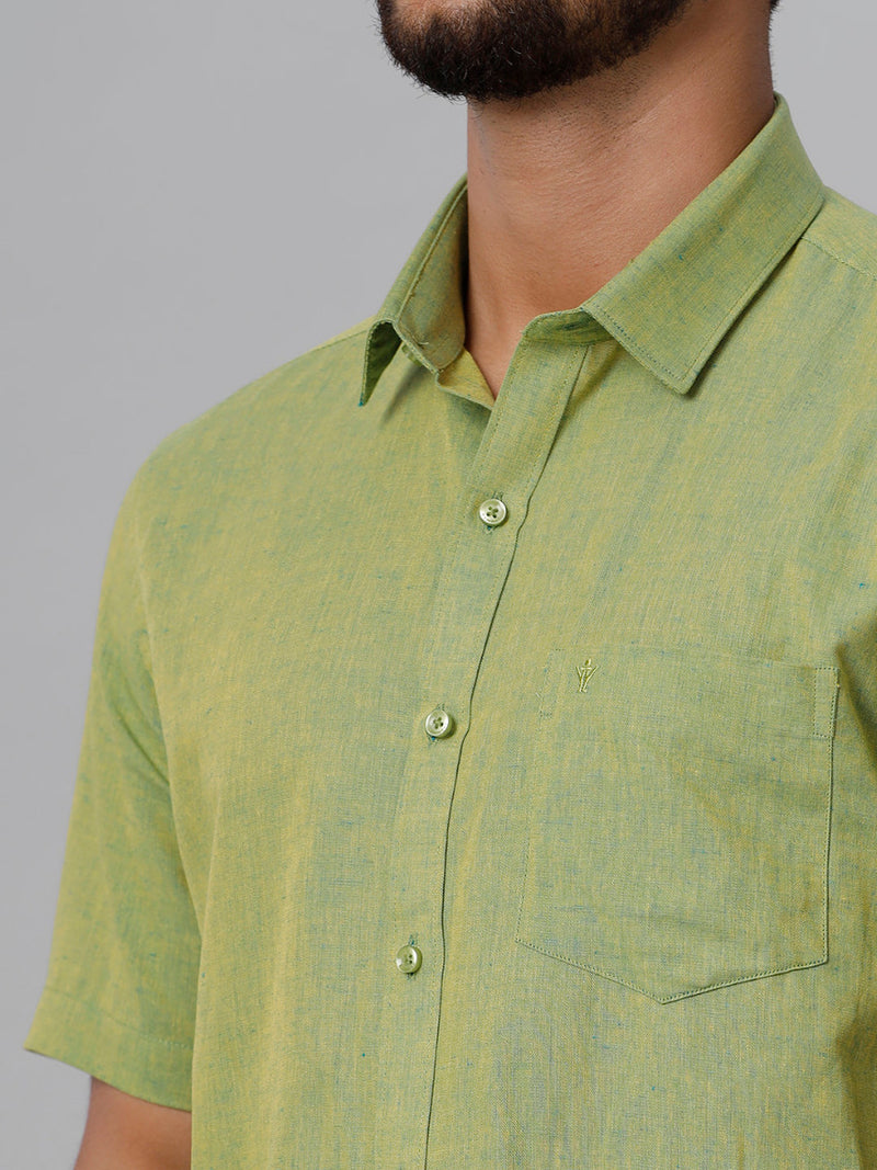 Mens Linen Cotton Formal Yellowish Green Half Sleeves Shirt LF9
