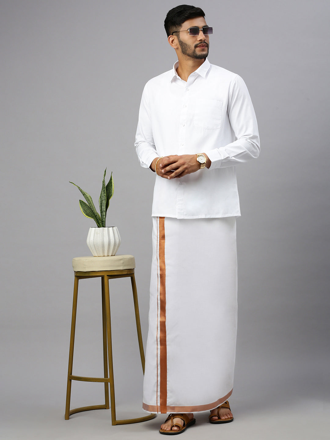 Men White 1'' Copper Jari Border Double Layer Dhoti with Ribhu