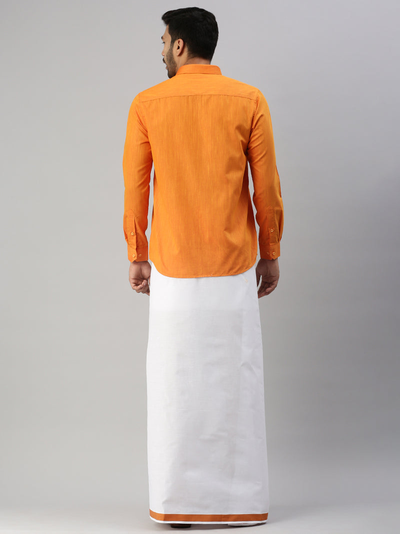 Mens Orange Matching Border Dhoti & Full Sleeves Shirt Set Evolution IC1