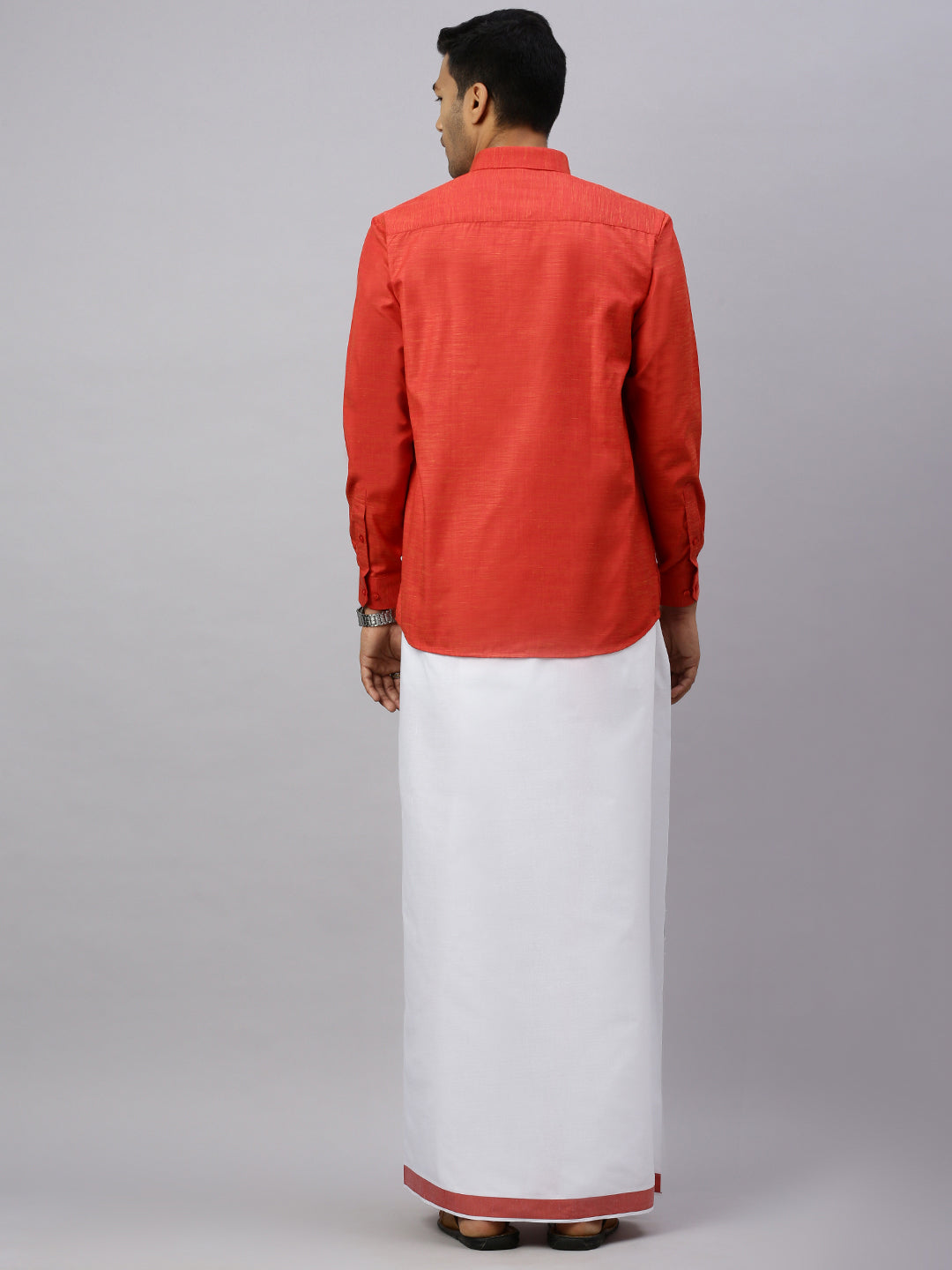 Mens Rosewood Red Matching Border Dhoti & Full Sleeves Shirt Set CV4
