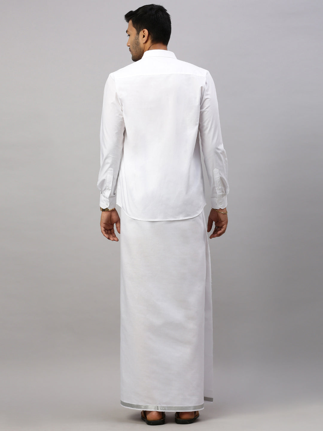 Men Cotton Blend Readymade Single Layer White Dhoti with Silver Jari Border Elegent