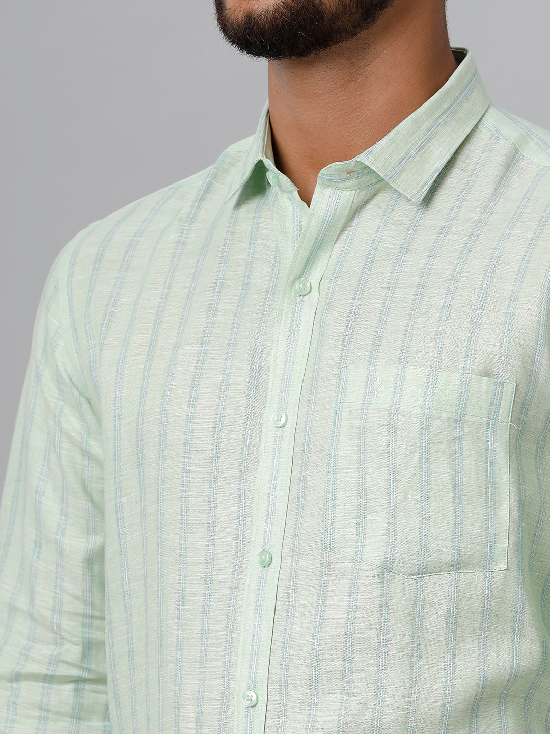 Mens Pure Linen Striped Full Sleeves Pista Green Shirt LS10-Zoom view