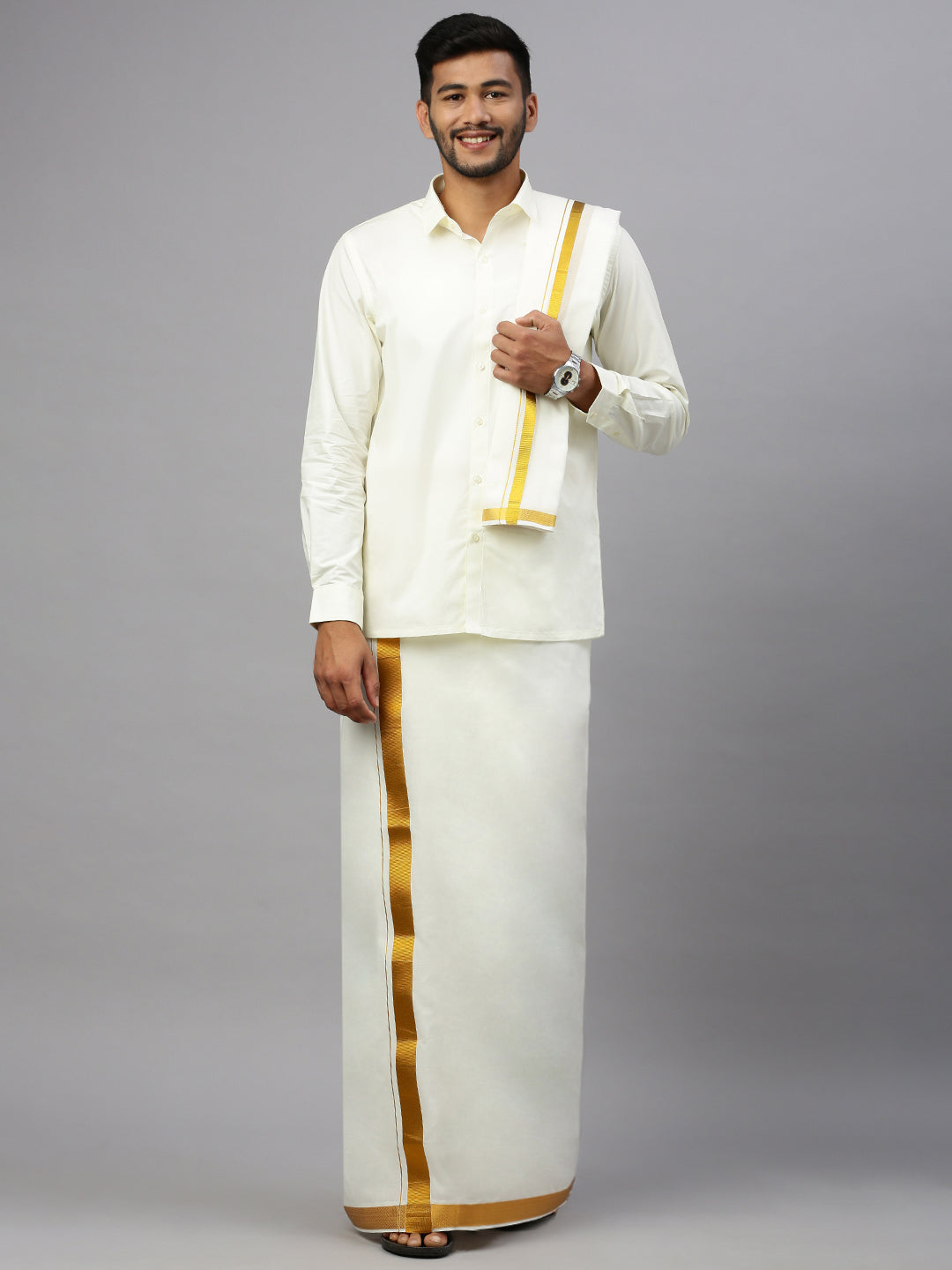 Mens Wedding Set Cream Dhoti Shirt & Towel Set