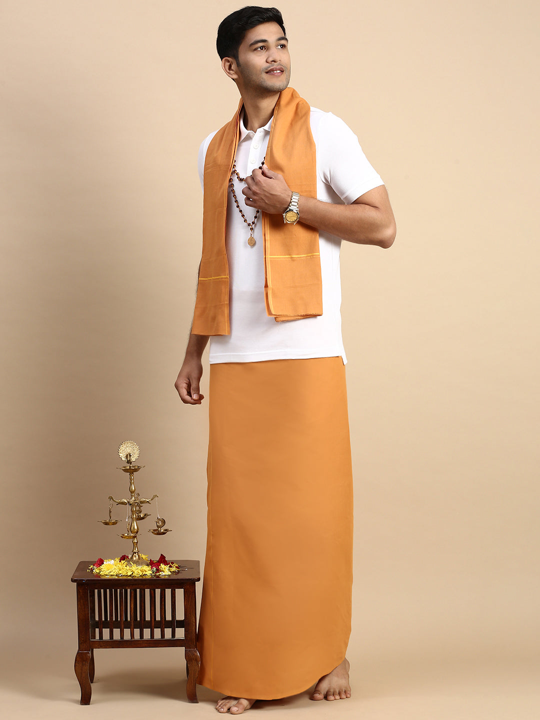 Men Devotional Small Border Dhoti with Towel & TShirt Set Kaavi EP1