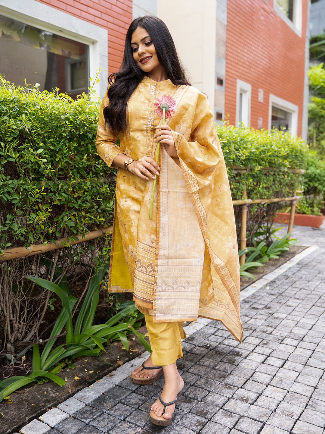 Women Tissue Printed Mustard Kurti Set EKS107