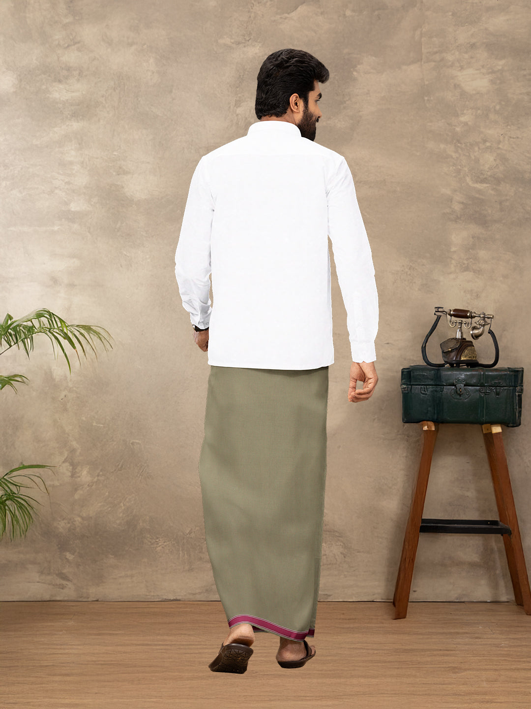 Men Cotton Blend Single Layer Olive Grey Dhoti with Fancy Border Charming Line 15