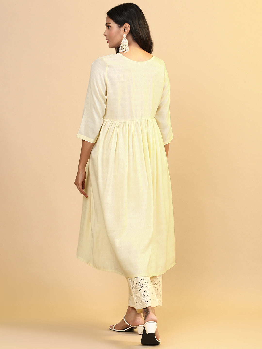 Women Cotton Embroidered Round Neck Kurti Cream EKS11