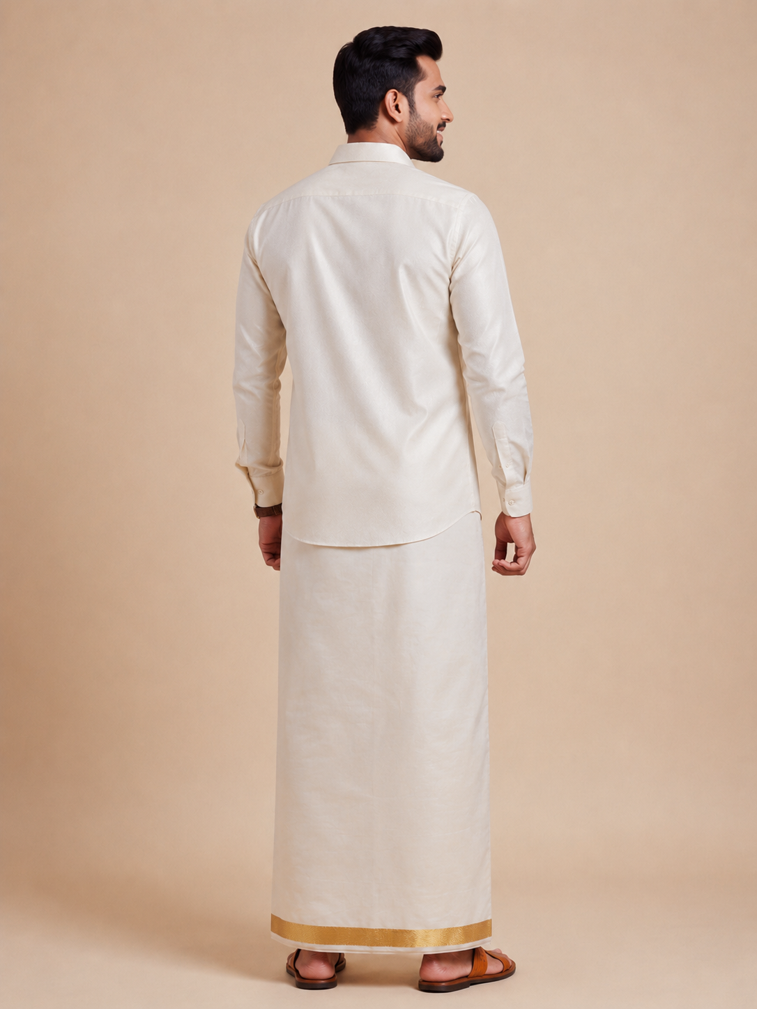 Men Tissue Antique Gold Dhoti & Shirt Set
