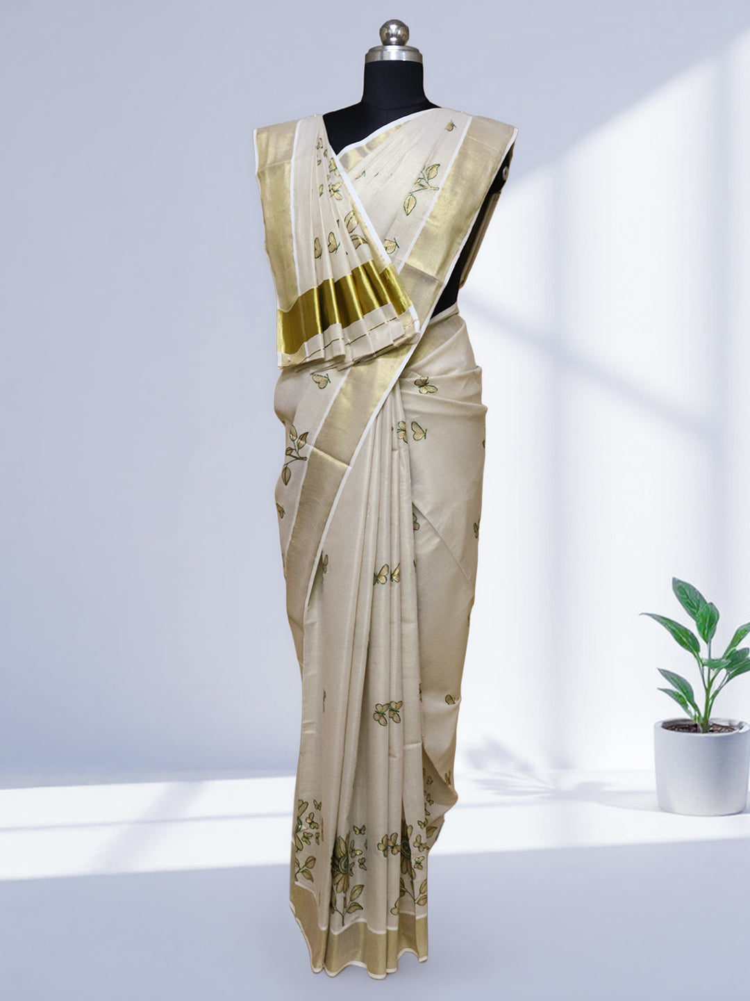 Women Kerala Tissue Gold Embroidery Saree KS214