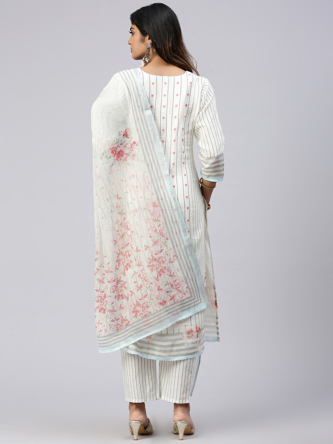 Women Cotton Embroidered Kurti Sets White EKS32