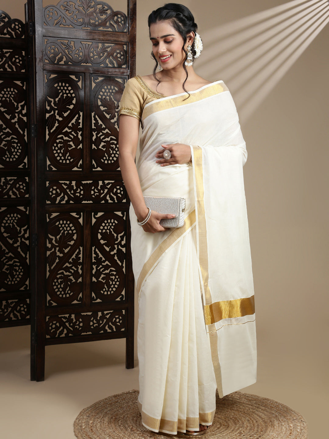 Women Traditional Kerala Cream Plain Saree with Gold Border KS222