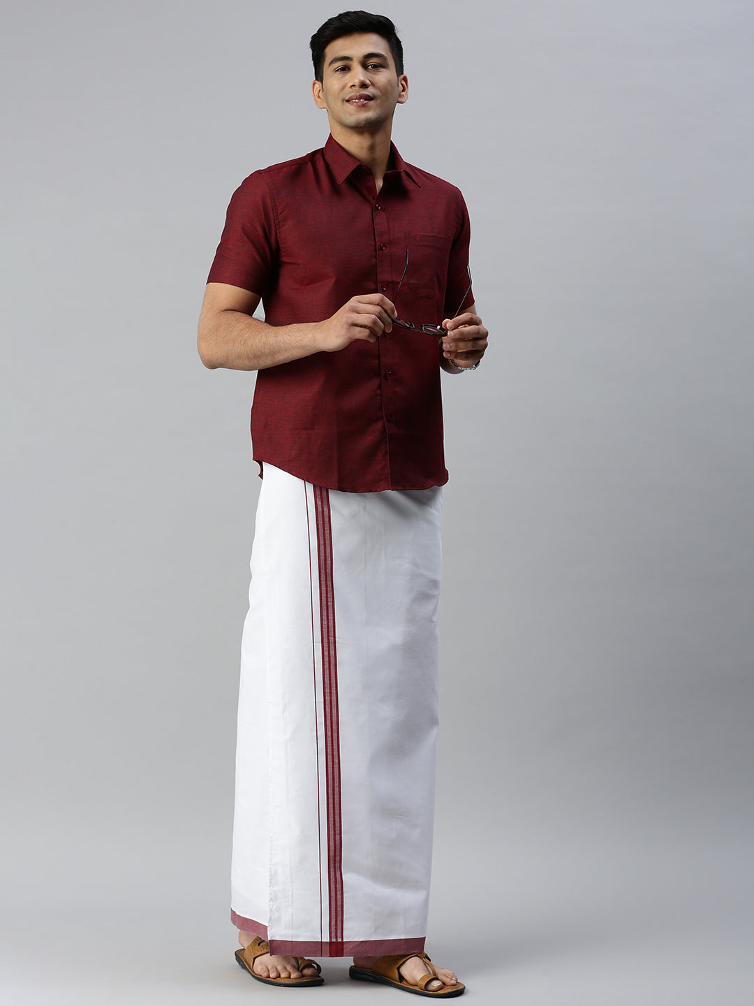 Men Matching Border Adjustable Dhoti & Half Sleeves Shirt Set Trendy CC8
