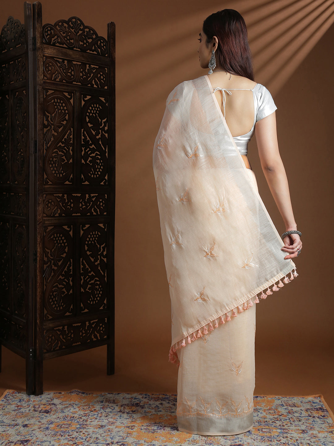 Women Light Orange Semi Linen Embroidered Saree SL243