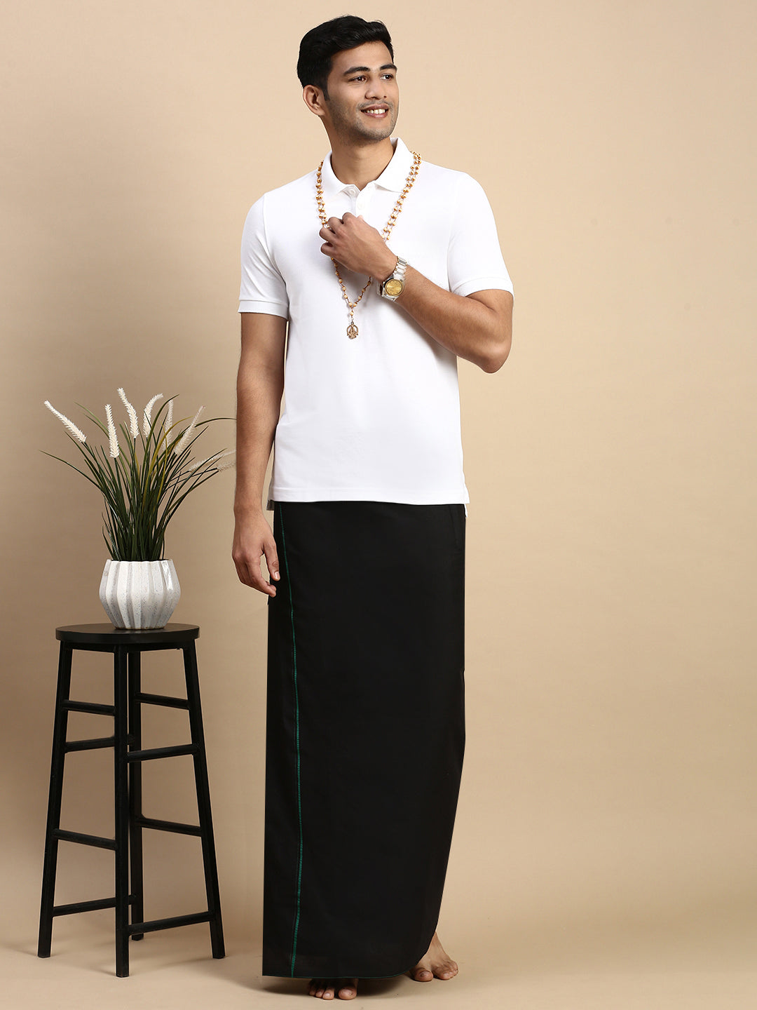 Men Devotional Small Border Dhoti & TShirt Set Black EP1