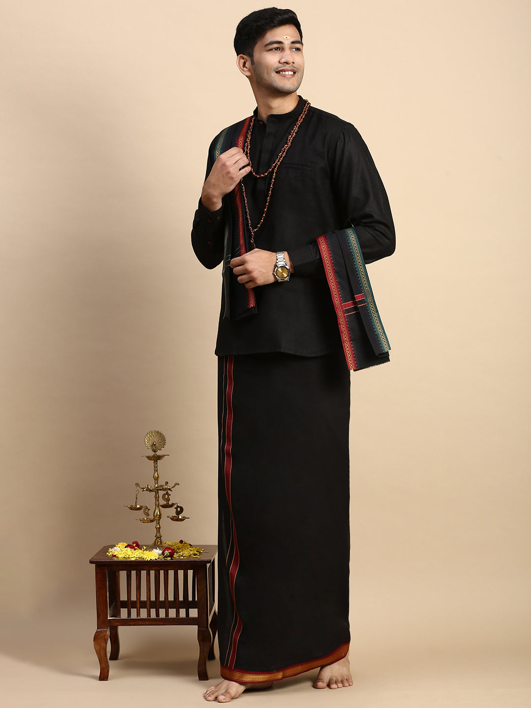 Men Devotional Mayilkhan Border Dhoti with Towel & Kurta Set Black KP6