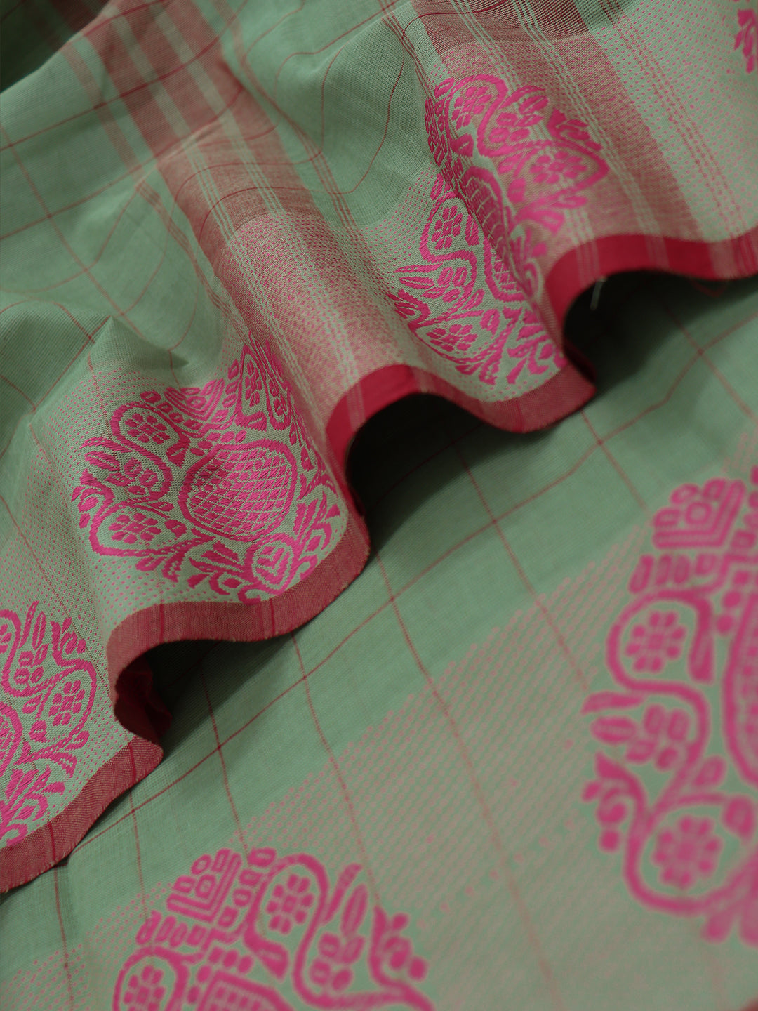 Women Olive Green Checks Pure Chettinad Cotton Saree PCS227