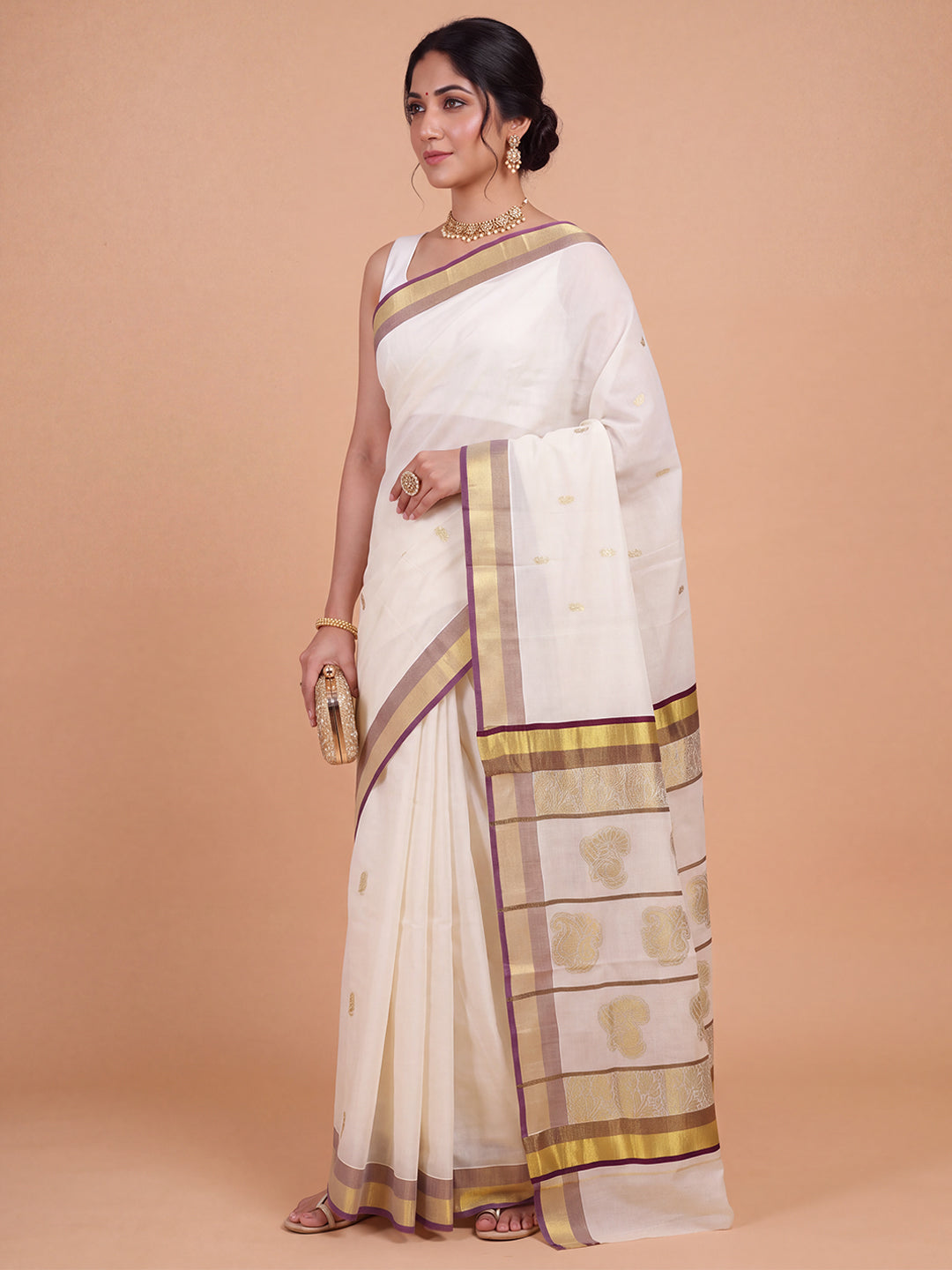 Women Kora Cotton Cream Embroidered Saree with Gold Jari KLS43
