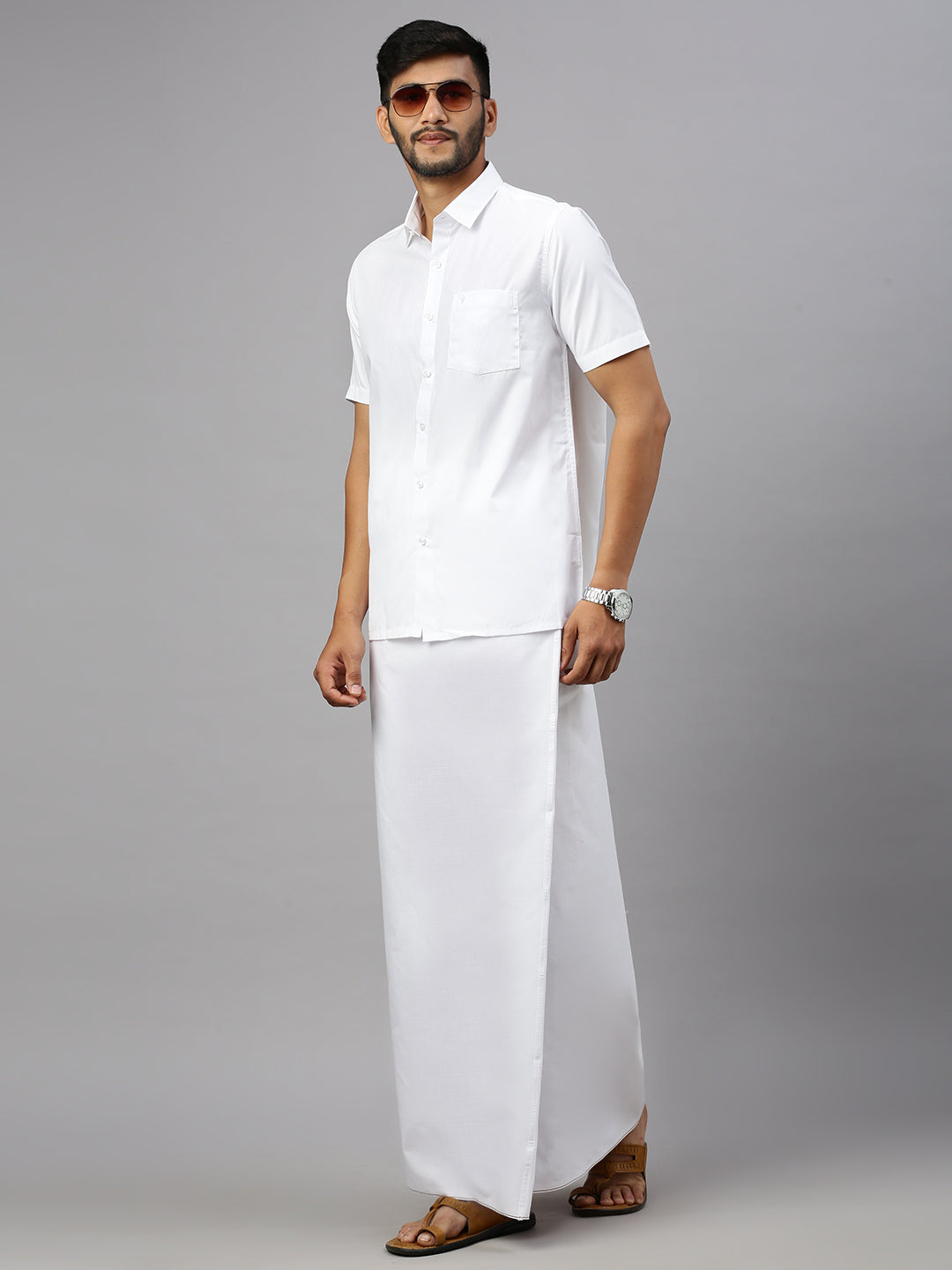 Men Cotton Half Sleeves White Shirt with Stitched Prayer Dhoti Combo