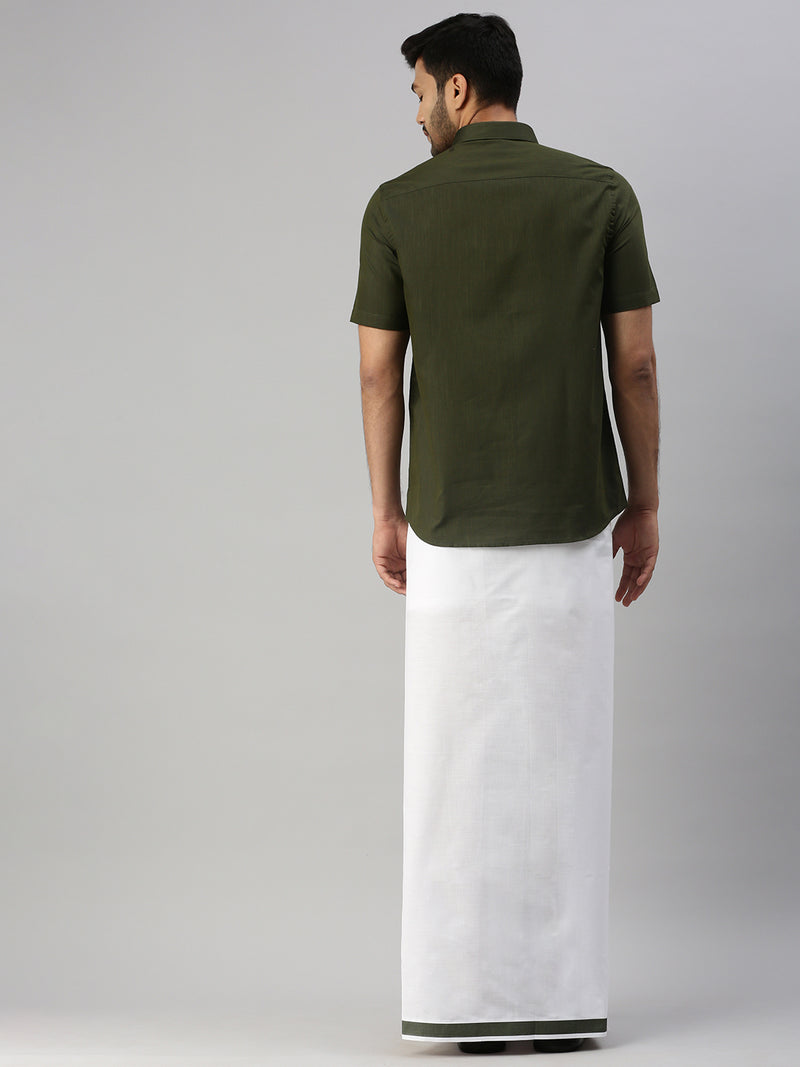 Mens Green Matching Border Dhoti & Half Sleeves Shirt Set Evolution IC8