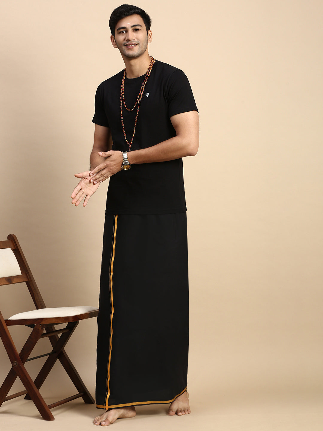 Men Devotional Big Border Dhoti & TShirt Set Black ET14