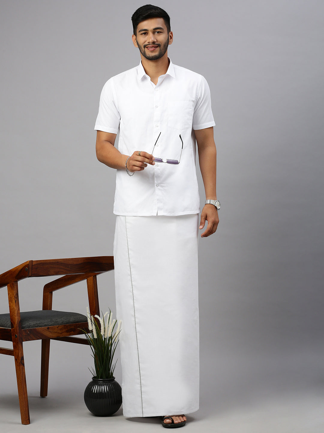 Men Single Dhoti White with Smart Nice Silver Jari