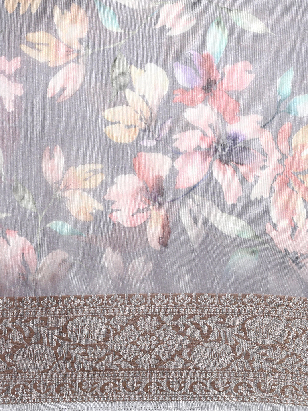 Semi Linen Flower Print Light Grey Colour Semi Linen Saree SL79-Zoom view