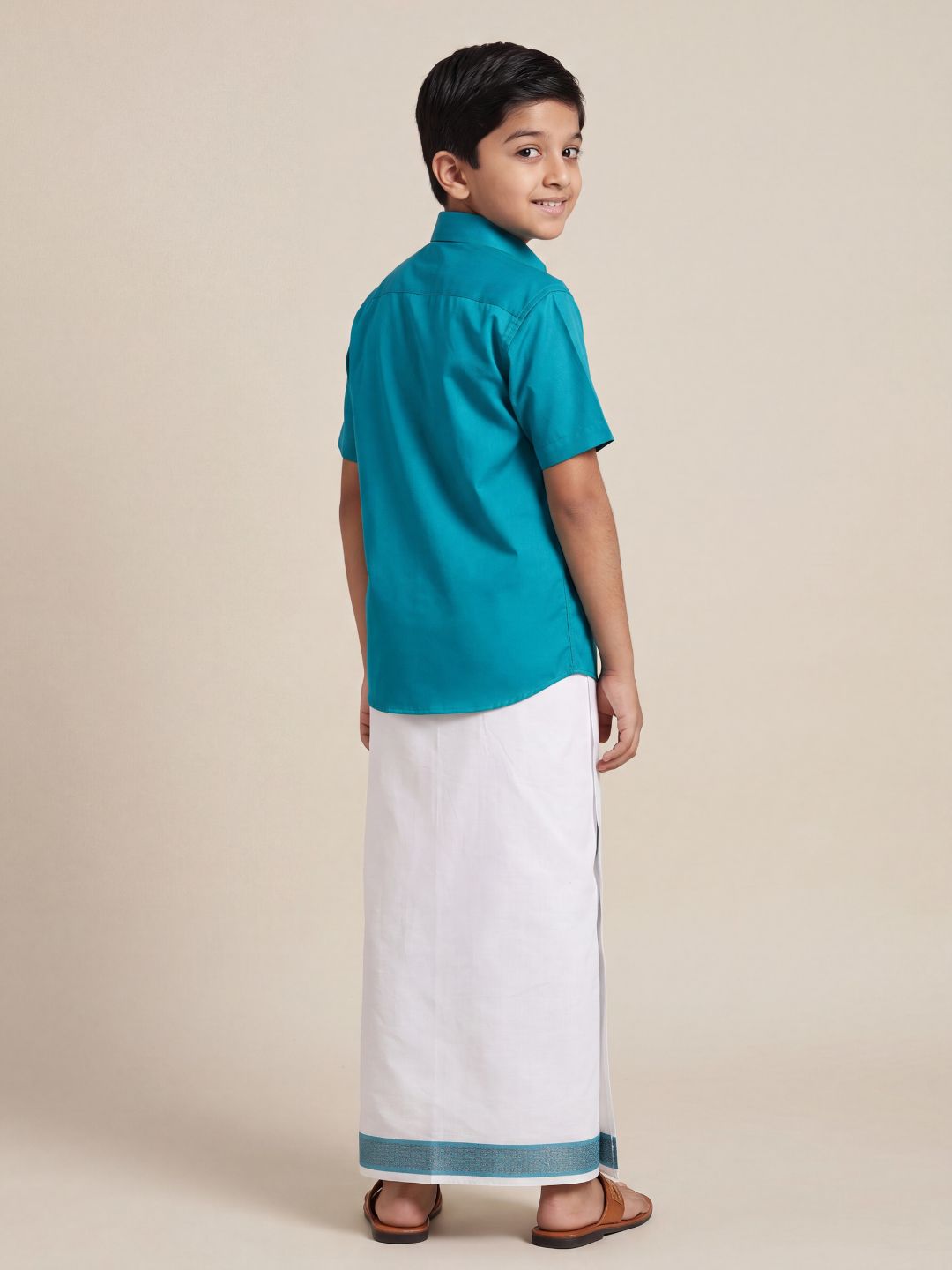 Boys 100% Cotton Jungle Green Shirt and Fancy Border Dhoti Set BT11