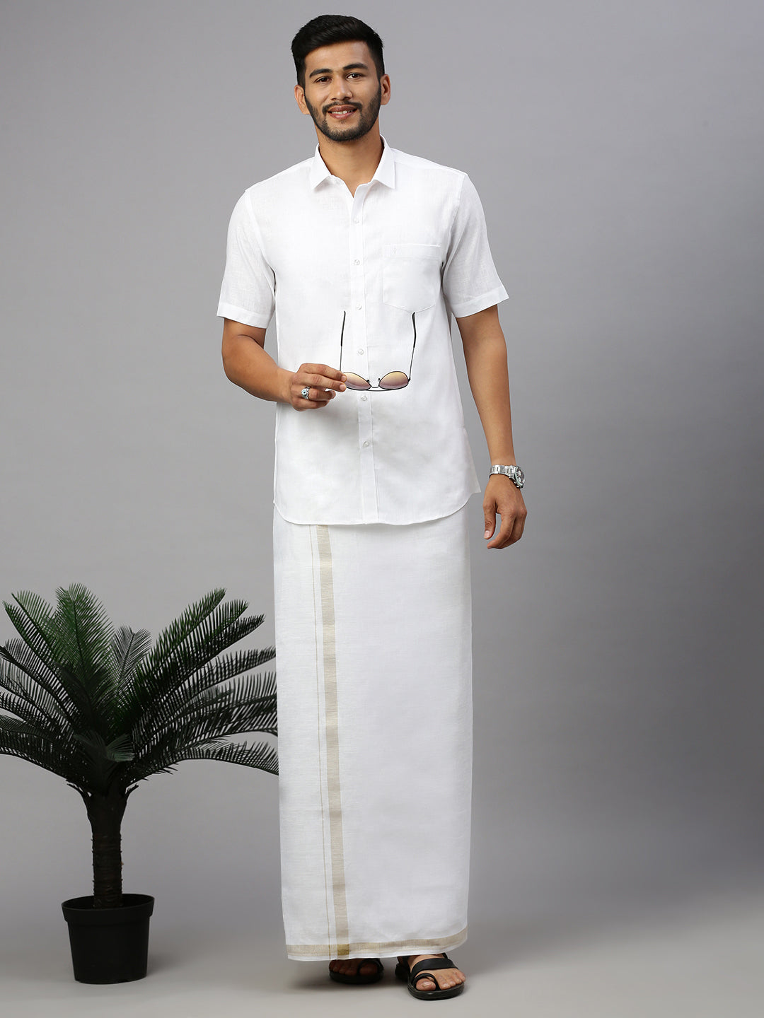 Men Pure Linen White Half Sleeves Shirt with Double Layer Dhoti Combo 5445