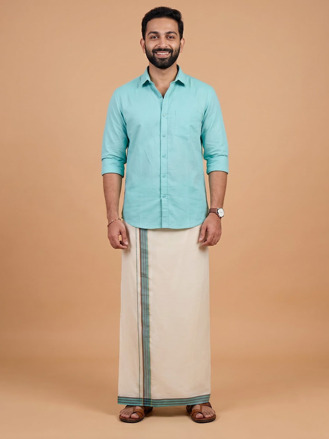 Double Layer 100% Cotton Cream Kora Dhoti with Colour Jari Border - SSJ02