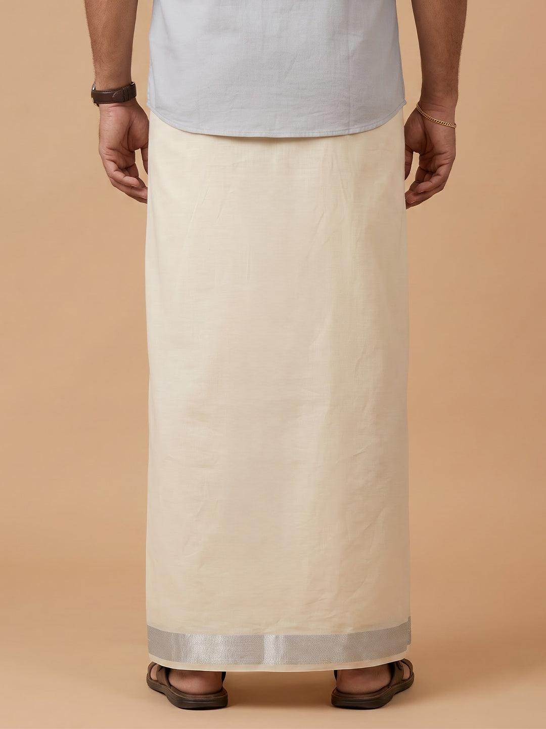Double Layer 100% Cotton Cream Kora Dhoti with Fancy Jari Border - SJF02