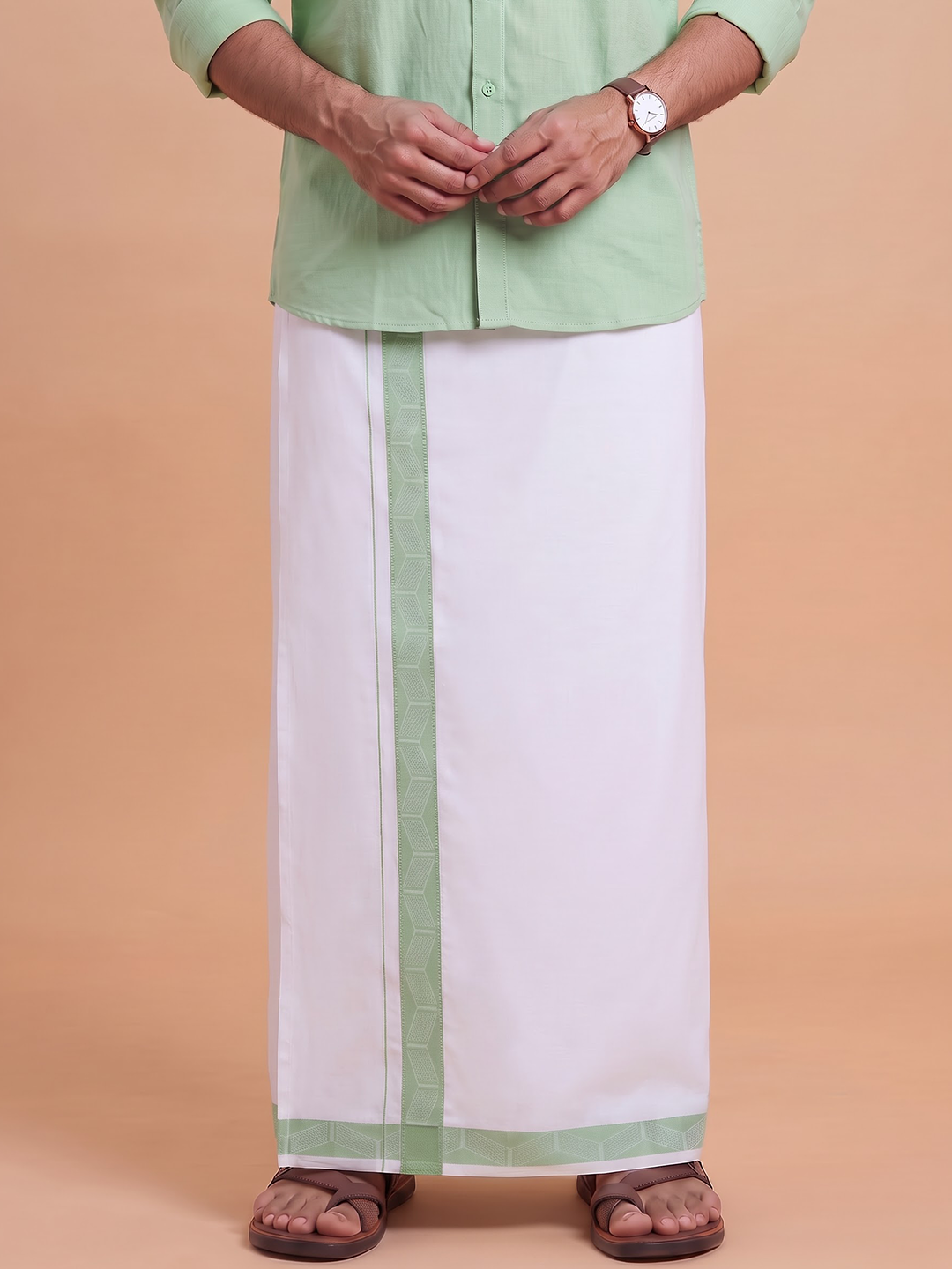 Single Layer Cotton Blend White Dhoti With Green Jacquard Design Border ELC02