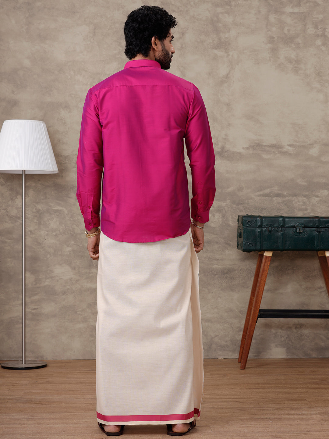 Men Cardinal Pink Silk Cotton Shirt With Matching Border Tissue Dhoti Set CCB Fortune