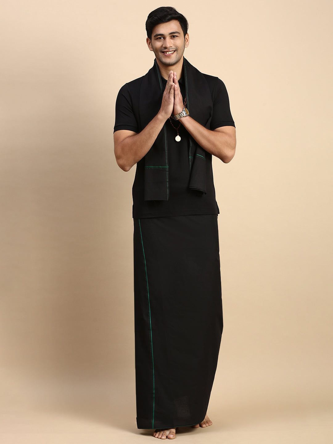 Men Devotional Small Border Dhoti with Towel & TShirt Set Black EPD14