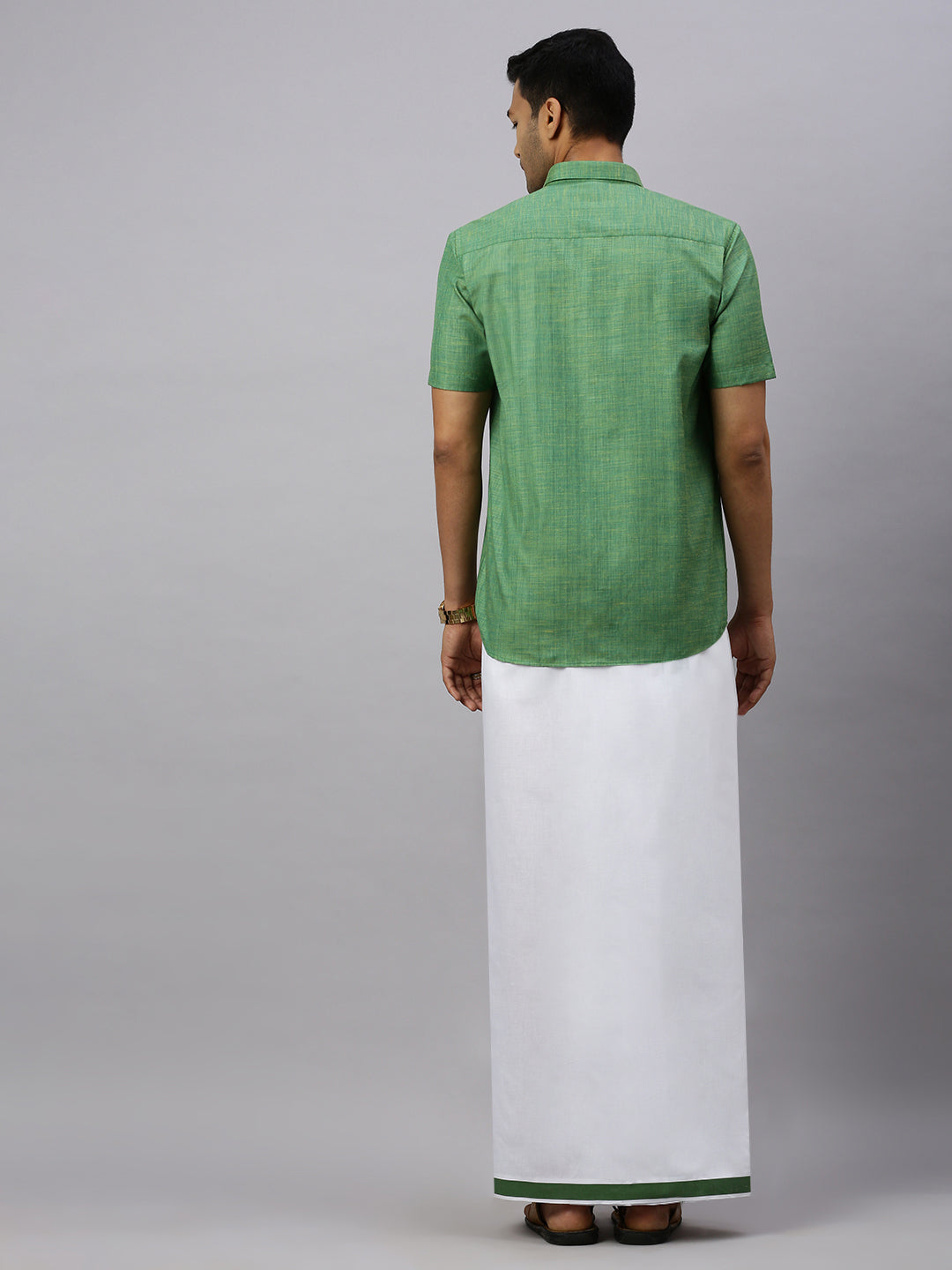 Mens Evolution Green Matching Border Dhoti & Half Sleeves Shirt Set