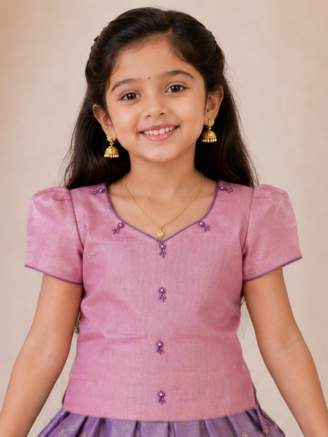 Girls Tissue Violet Pattu Pavadai Set GPS44