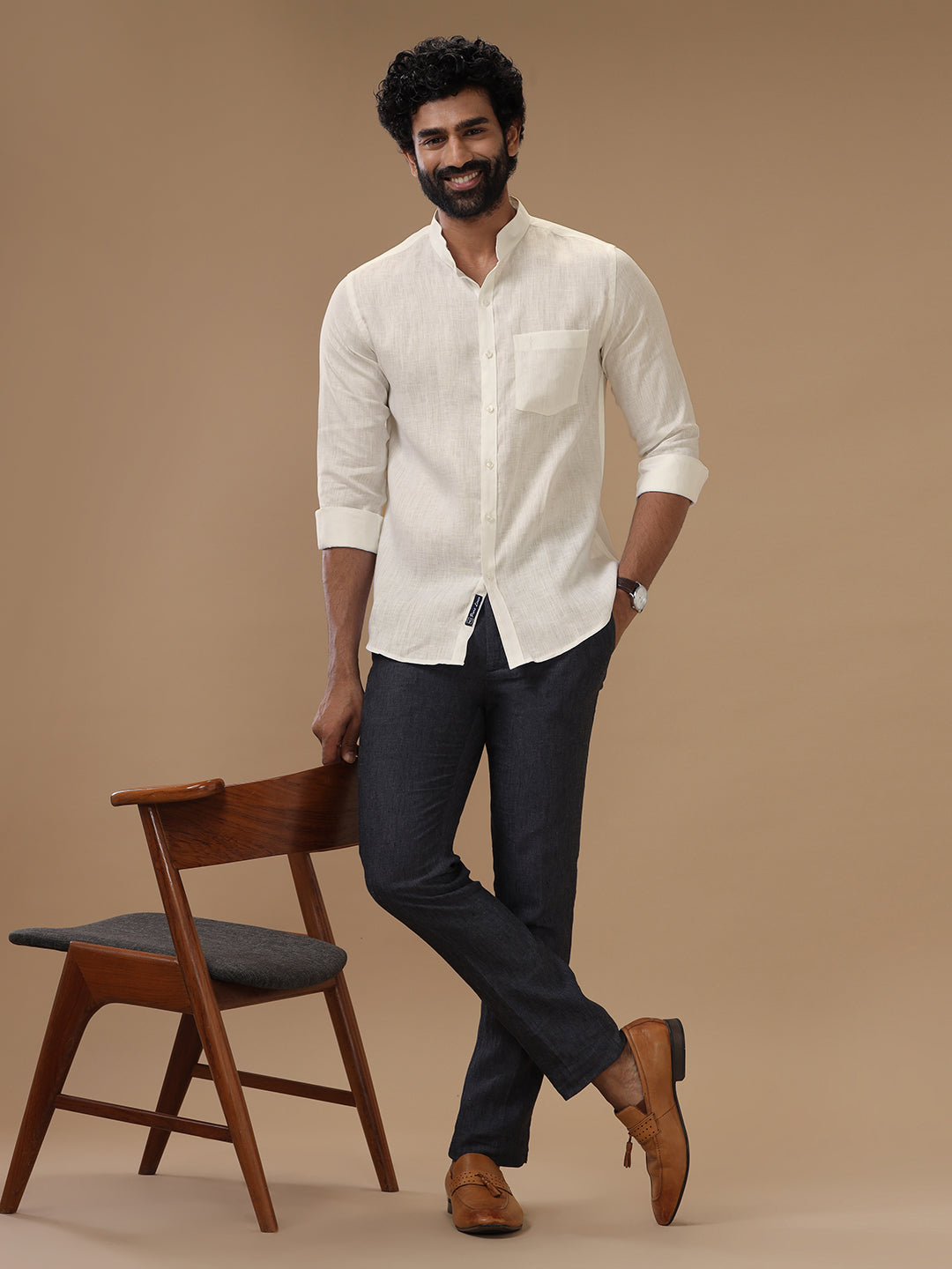 Men Pure Linen Chinese Collar Cream Shirt 5605C